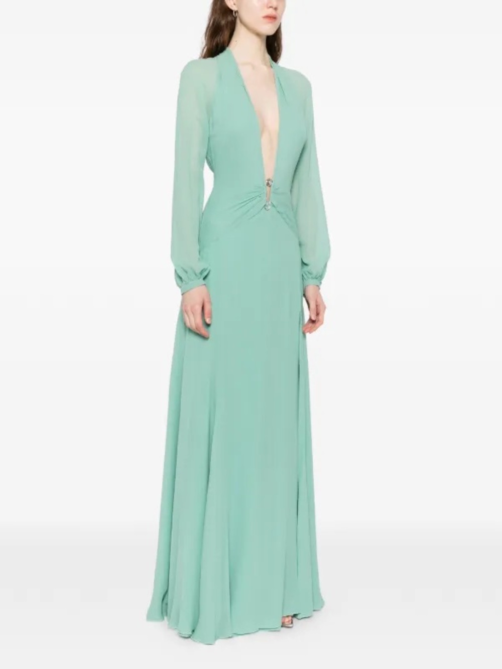 Versace Mint Green Long Sleeve Plunge Maxi Dress